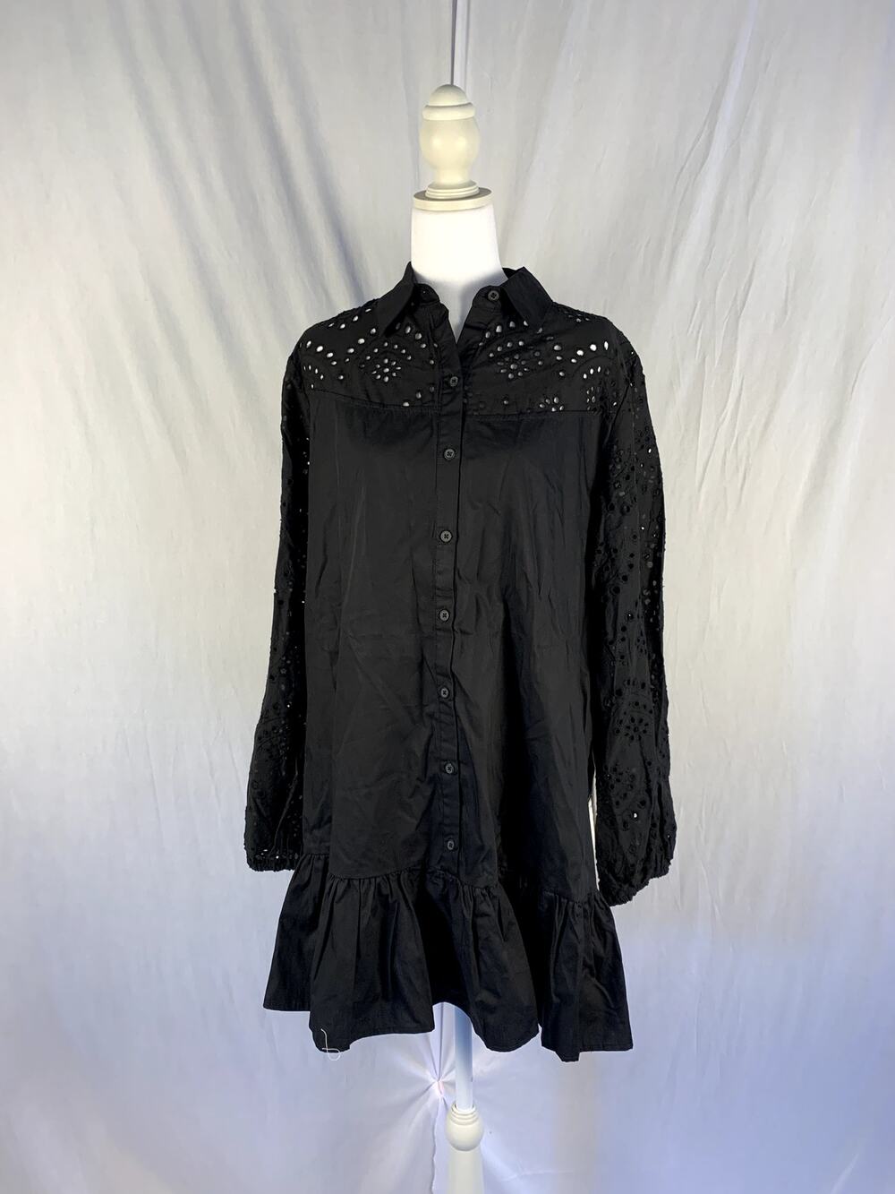 City Studios Juniors Size M Black Cotton Eyelet Sleeve Collared Ruffle Dress
